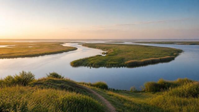 Weites Flussdelta mit verzweigten Wasserläufen und offener Graslandschaft im weichen Morgenlicht